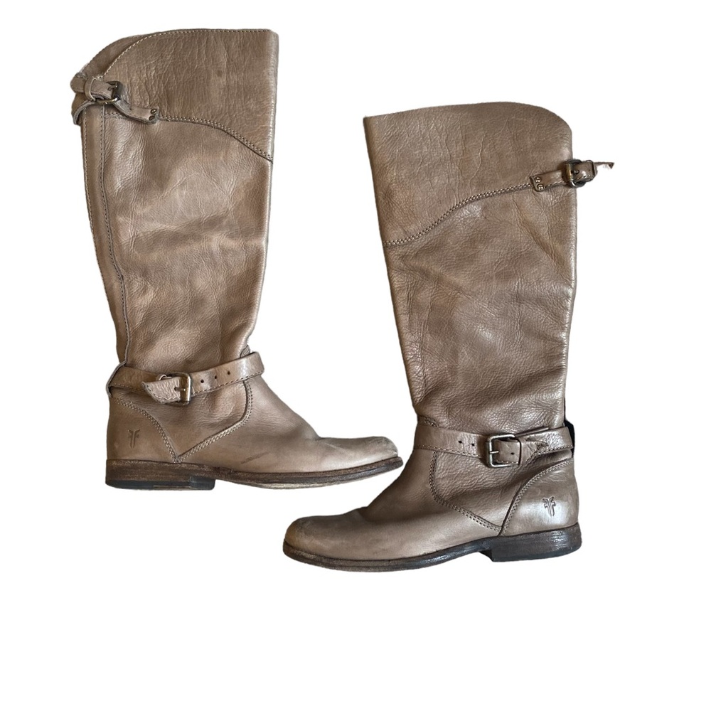 Frye Phillip Grey Leather Zip Buckle Pull On Knee High Riding Boots